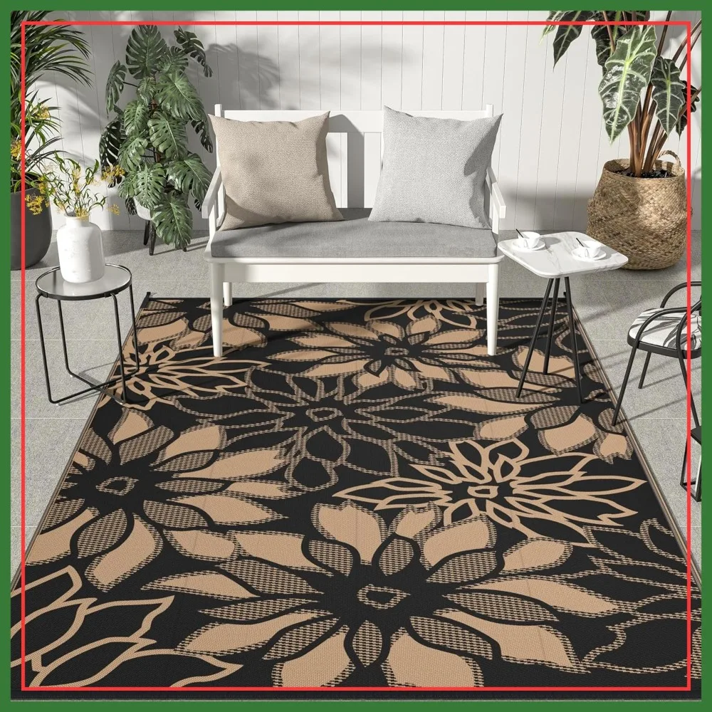 

9'x12' Reversible Plastic Straw Floral Outdoor Rug, Waterproof Camping Carpet for Patio, RV, Deck, Black & Brown