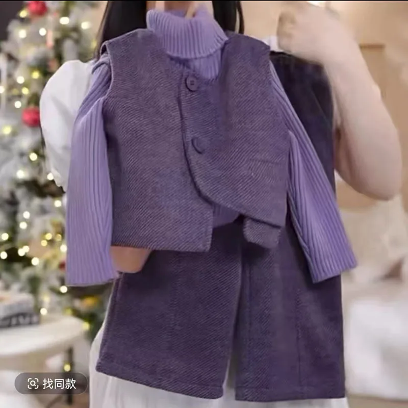 

Зимний элегантный комплект для девочек: милый повседневный фиолетовый жилет с утеплением + свитер с высоким воротом + брюки, детский повседневный комплект из 3 предметов, размер S