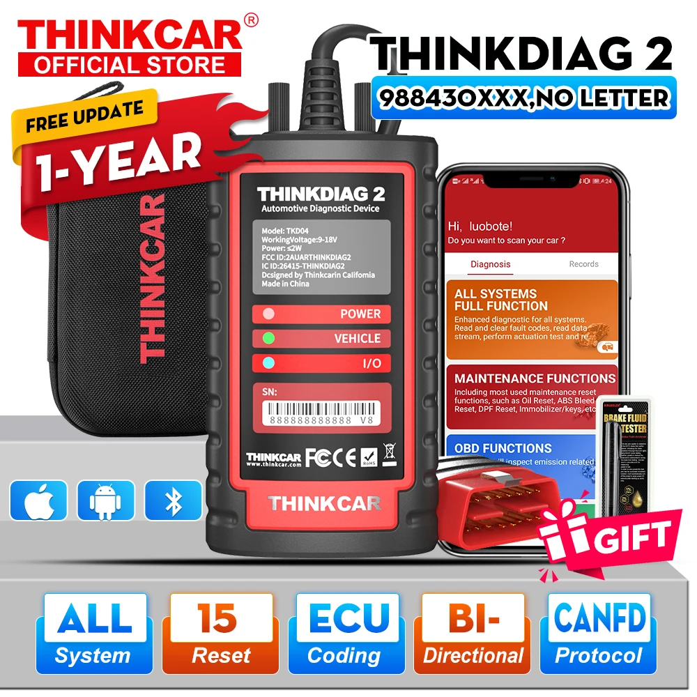 2026 Thinkcar ThinkDiag 2 Ferramenta de Diagnóstico OBD2 com Software Completo, Protocolo CAN FD, 15 Serviços de Redefinição, Codificação Bidirecional de ECU e 1 Ano de Atualizações Gratuitas