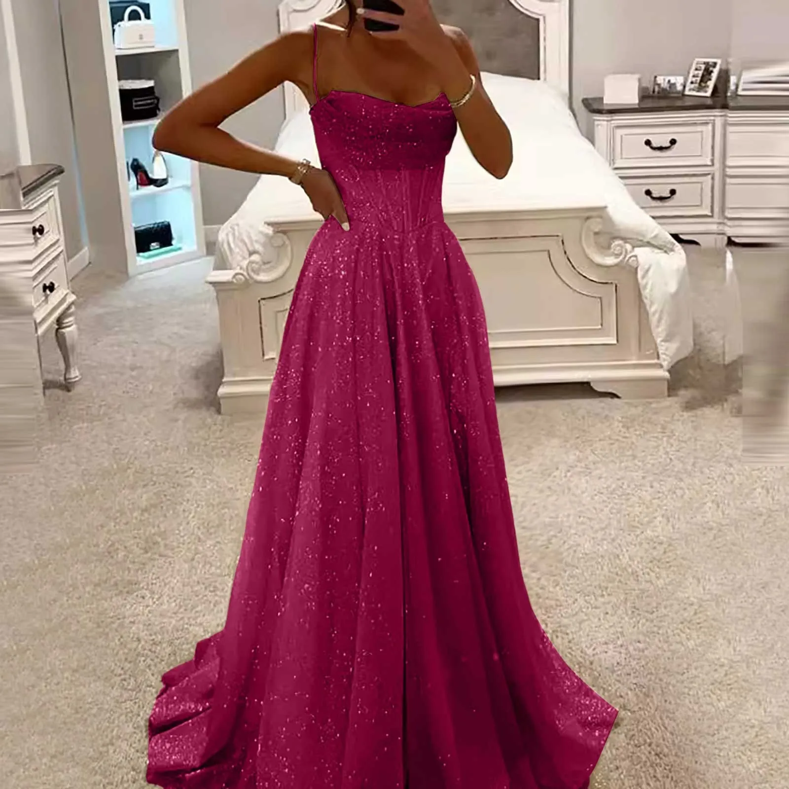 Women Backless Spaghetti Strap Sequin A-Line Ball Gown Pleated Low-Cut Cocktail Dress Sexy Off Shoulder Bridesmaid Dress