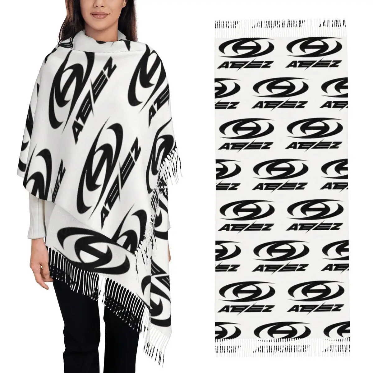 

Kpop ATEEZs Logo A TEEnager Zs Шарф Шарфы с кисточками Женские мягкие теплые шали и накидки Большая осенне-зимняя шаль