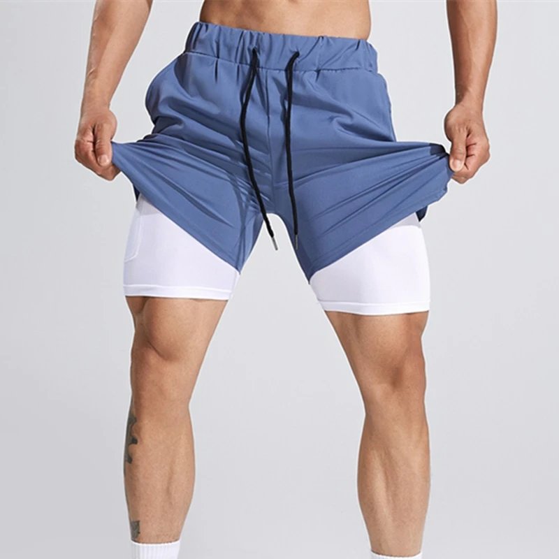 Summer Sports Fitness Men's Double-Decker Shorts Fashion Outdoor Running Training Breathable Sweatpants 2 in 1 Slacks