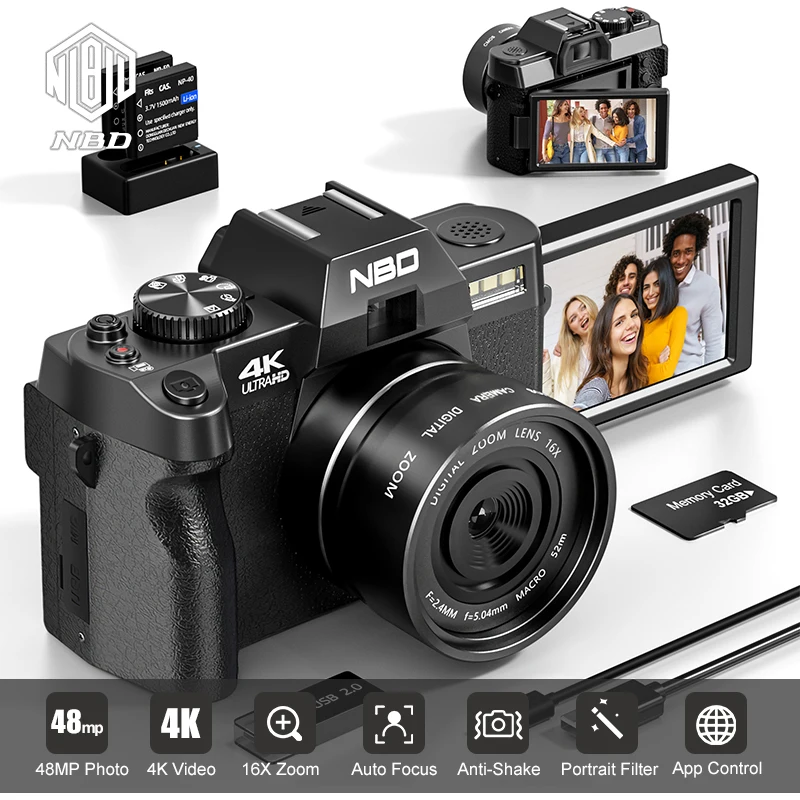 

NBD Macro Lens 4K Digital Camera Flip Screen Selfie Camcorder 48MP Youtube WIFI Webcam Vintage Video Recorder 16X Digital Zoom