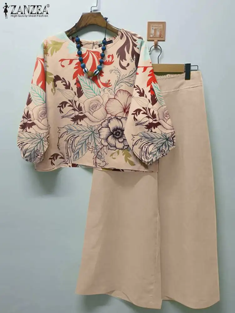 ZANZEA-Conjunto de blusa y pantalones con estampado Floral para mujer, chándal de dos piezas, de pierna ancha, estilo bohemio, para verano