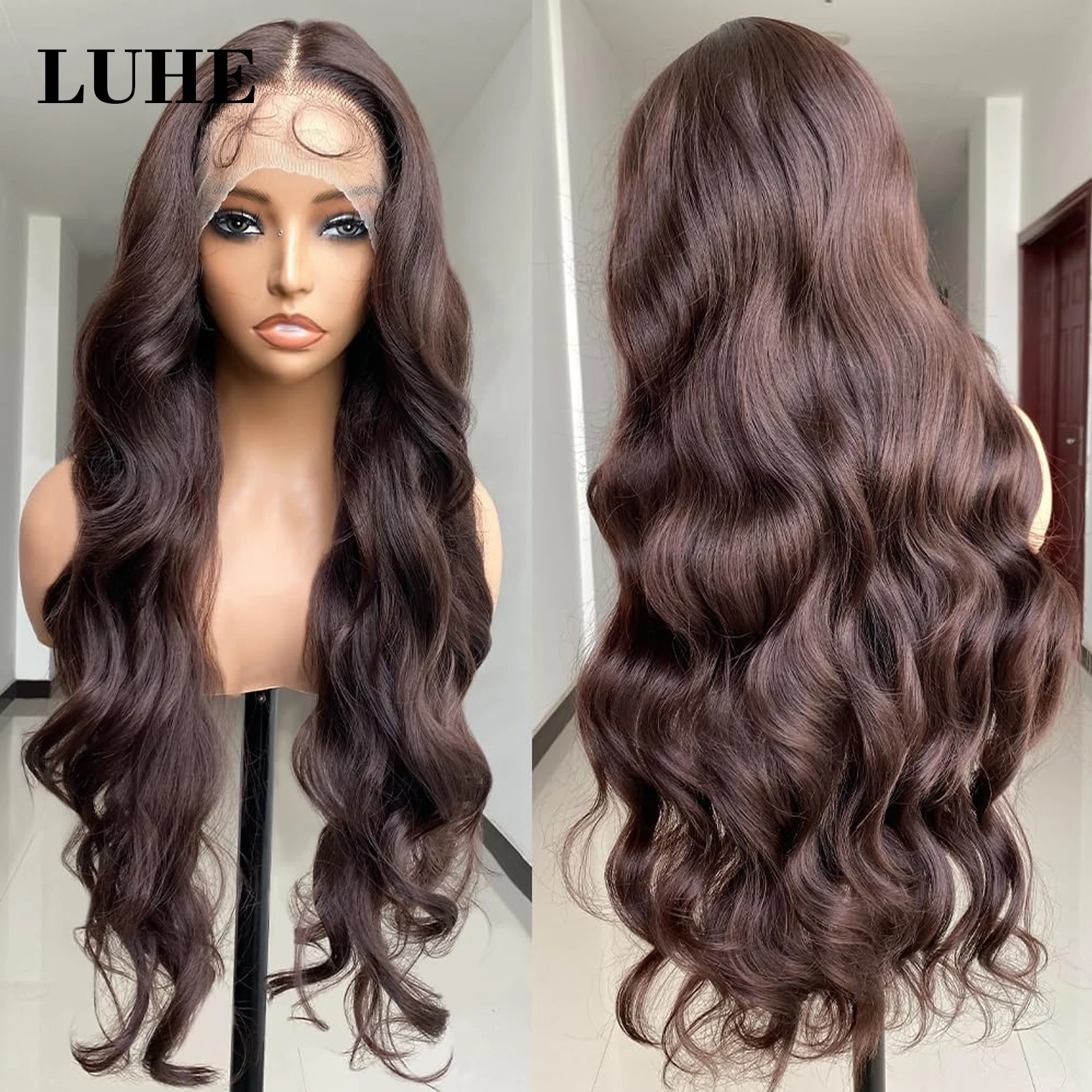 Chocolate Brown Colored 13x3 Lace Front Wigs with Baby Hair 26 Inch Long Synthetic Body Wave Lace Frontal Wig for Black Women