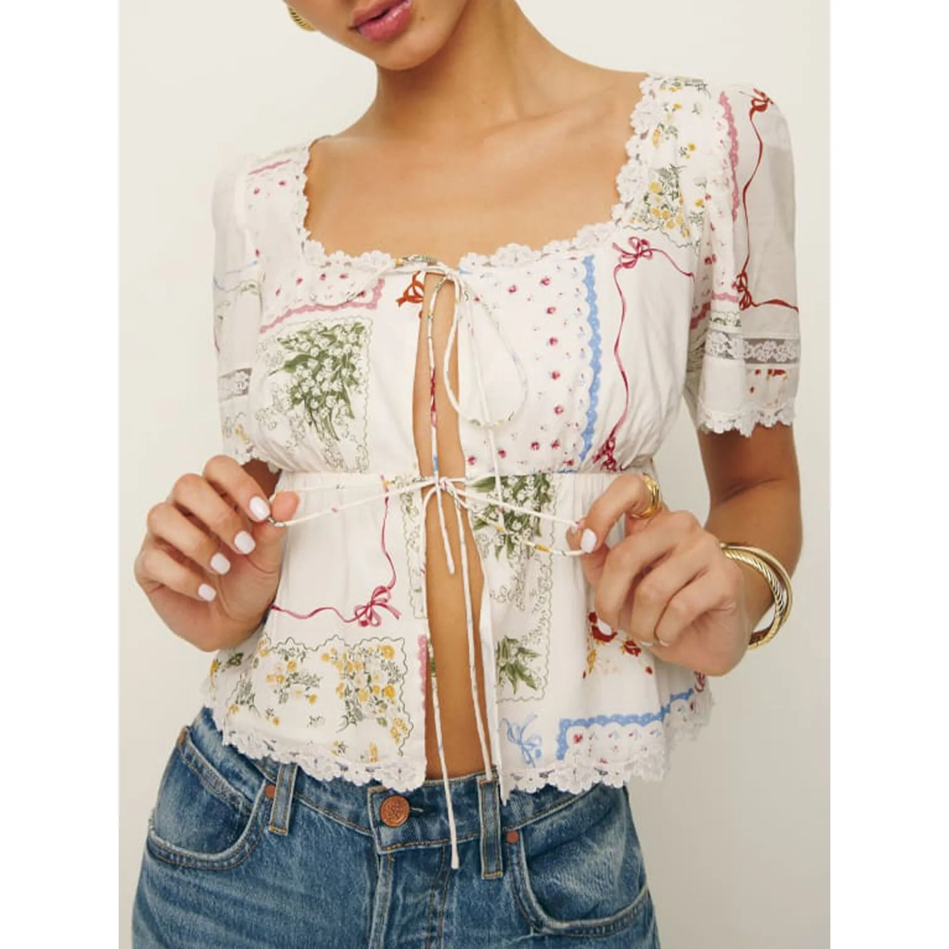 

Floral Lace U Neck Blouse Printed Belted Shirt Women's Fashion Spring Season Princess Sleeve Other Material 100% No Sleeve