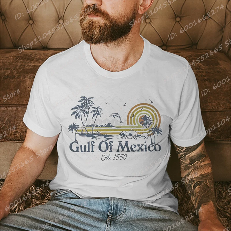 Gulf of Mexico T-shirts Beach Summer Sunset Print T-shirt For Men, Short Sleeve Retro T-shirts, Graphic Tees, Men's Clothing