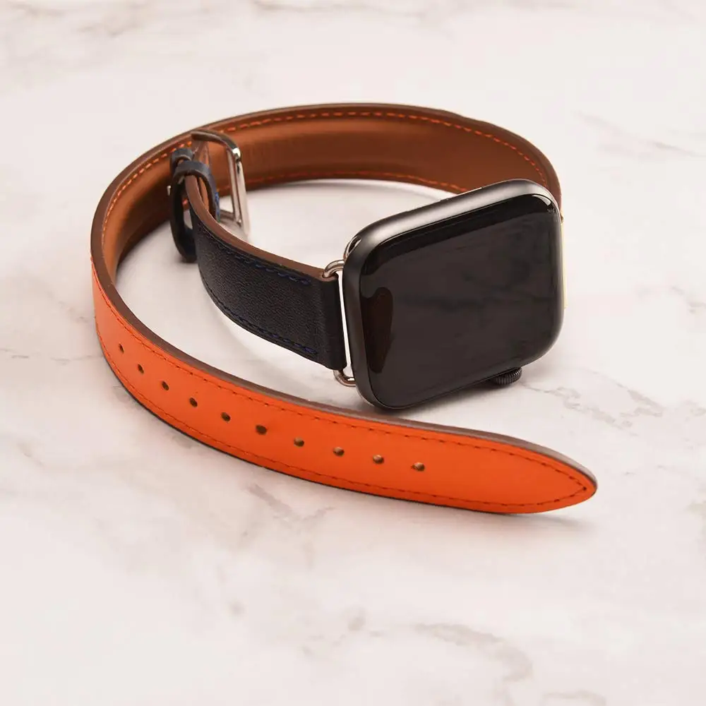 Double Tour For Apple watch band 44mm 40mm Genuine Leather watchband belt bracelet iWatch band 38mm 42mm series 3 4 5 6 strap