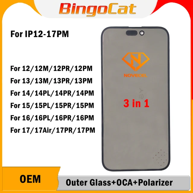 5 szt. Szkło Novecel + OCA + Polaryzer 3 w 1 do iPhone 12 13 11 14 15 16 plus promax 12promax 16promax X XS XR MAX Naprawa Soczewki Dotykowej