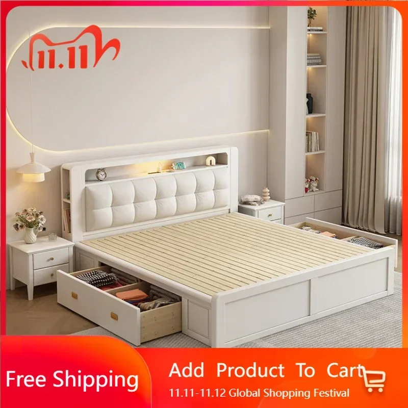 

Storage Modern Double Bed Girls White Light Luxury Bed Queen Size Office Show Bedroom Women Letto Matrimoniale Unique Furniture