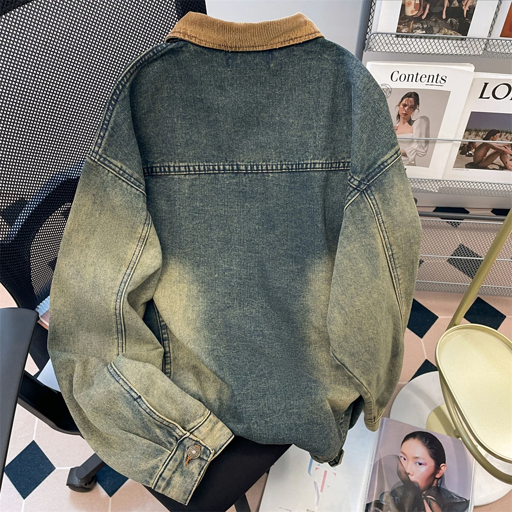 American High Street Retro Blue Denim Coat Long Sleeve Single Breasted Jacket Tops Fall Winter Loose Turn Down Collar Outerwear