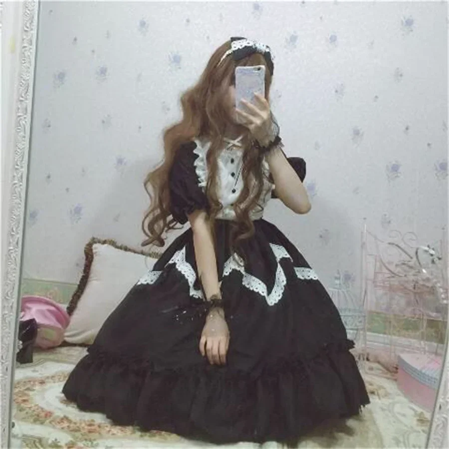 Japonês doce lolita vestido feminino kawaii vitoriano chá festa mangas compridas rendas gótico meninas lolita vestidos cosplay preto lolita