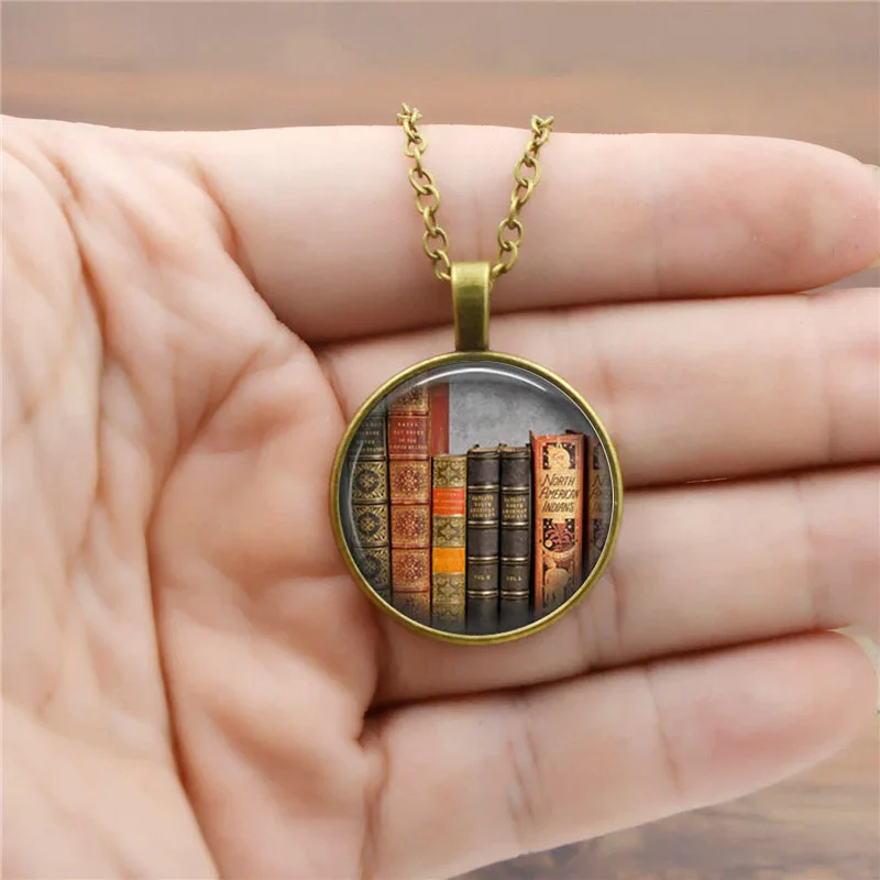 Vintage Library Book Necklace Women's Versatile Accessories Alloy Glass Pendant Sweater Chain Wholesale