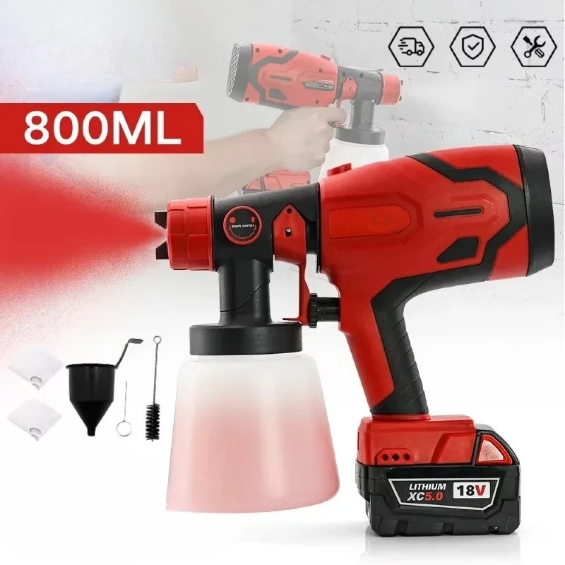 Pistolet natryskowy do farby 600W z bezszczotkowym silnikiem 39000 RPM, zbiornikiem 800 ml, do mebli, ścian, samochodów, kompatybilny z akumulatorem Milwaukee 18V
