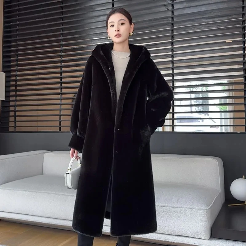

High End Fashion Hooded Long Fur Jacket For Women Winter Thicken Warm Imitation Mink Fur Overcoat Female Loose Faux Fur Coat