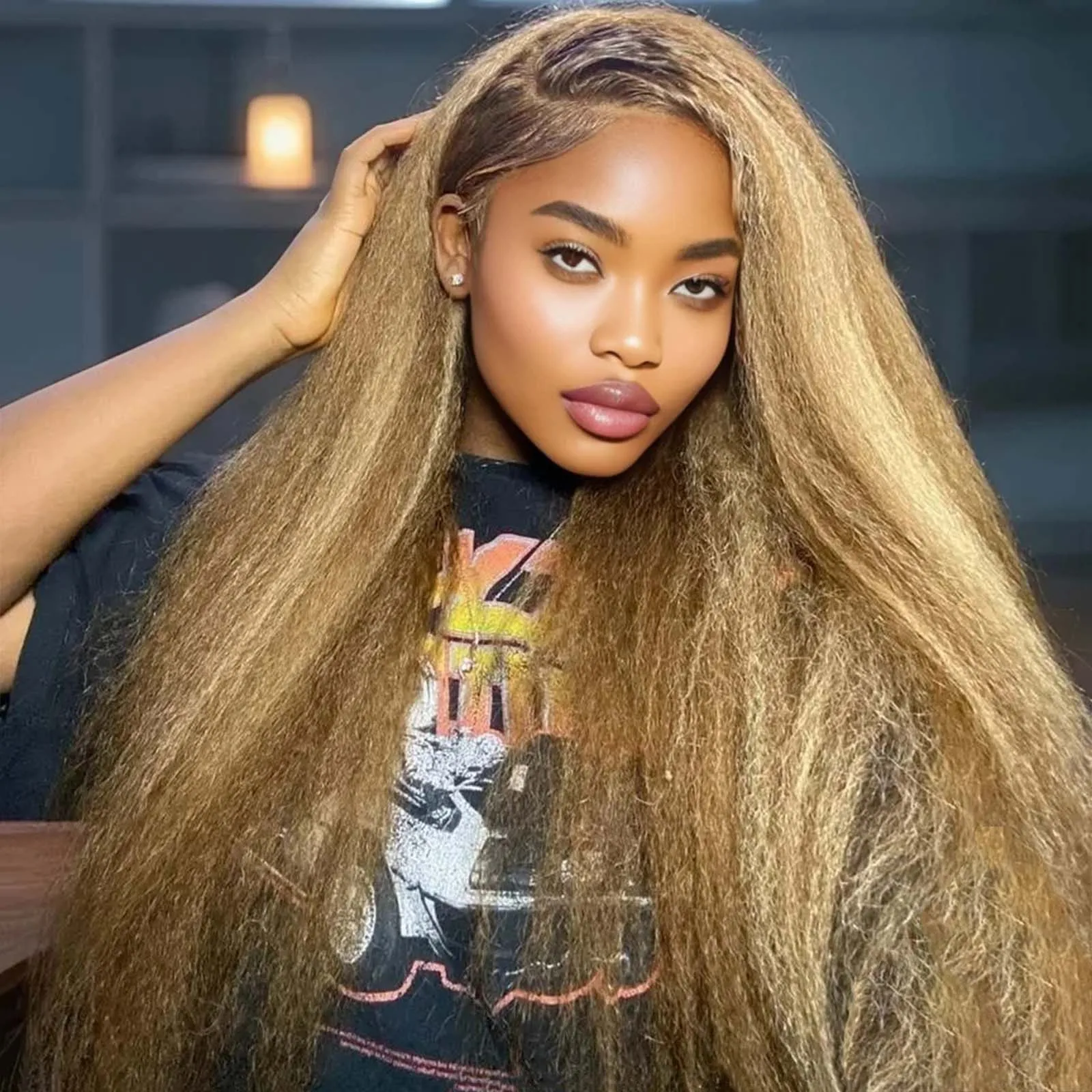 

200% Highlight 4/27 Kinky Straight 13x6 HD Lace Frontal Human Hair Wig Indian Yaki Straight Brown Blonde Piano Colored Remy Wigs