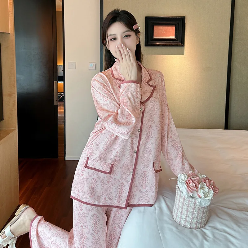 

2025 Autumn Winter Ice Silk Pajamas For Women Pink Print Sweet High Quality Long Sleeve Pants Two Piece Set Nightgown Sleepwear