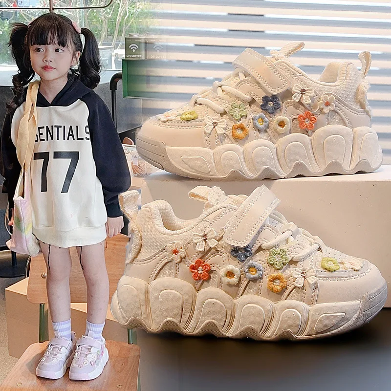 

Bread Shoes Children Spring Autumn Breathable Sneakers Girls Embroidered Flower Girls Bow Fashion Casual Soft Sole Shoes Velcro