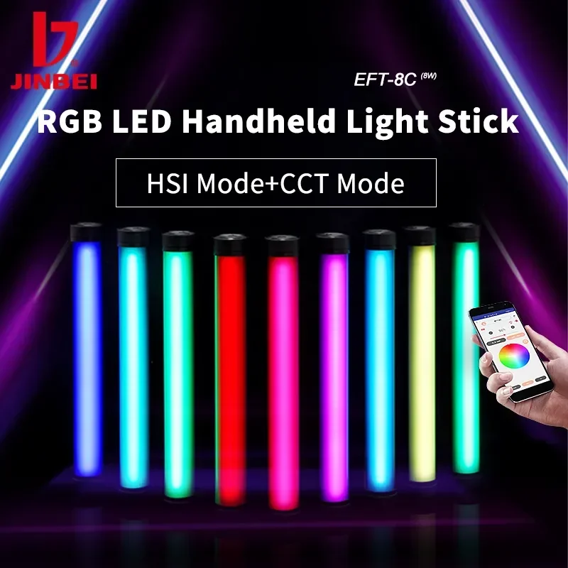 Lanterna de Mão JINBEI EFT-8C RGB, Leve, Tipo Bastão, Luz de Vídeo LED, CRI96+, 3000mAh, Lâmpada de Estúdio para Fotografia, Tipo-C