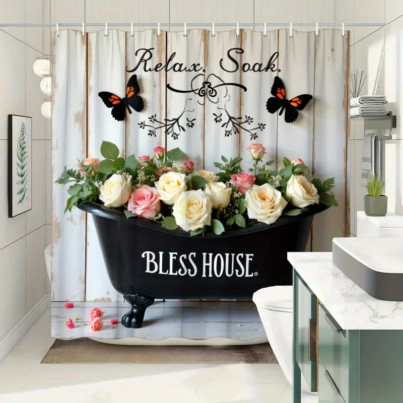 ستارة حمام ريفية عتيقة - ورود بيضاء ووردية، فراشات، اقتباس مريح، 12 خطافًا، ديكور حمام هادئ #1