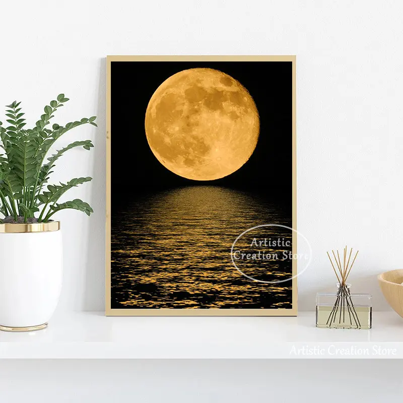 Blue Moon Over The River Poster Canvas Painting Abstract Landscape Print Modern Wall Art Pictures Living Room Home Decoration