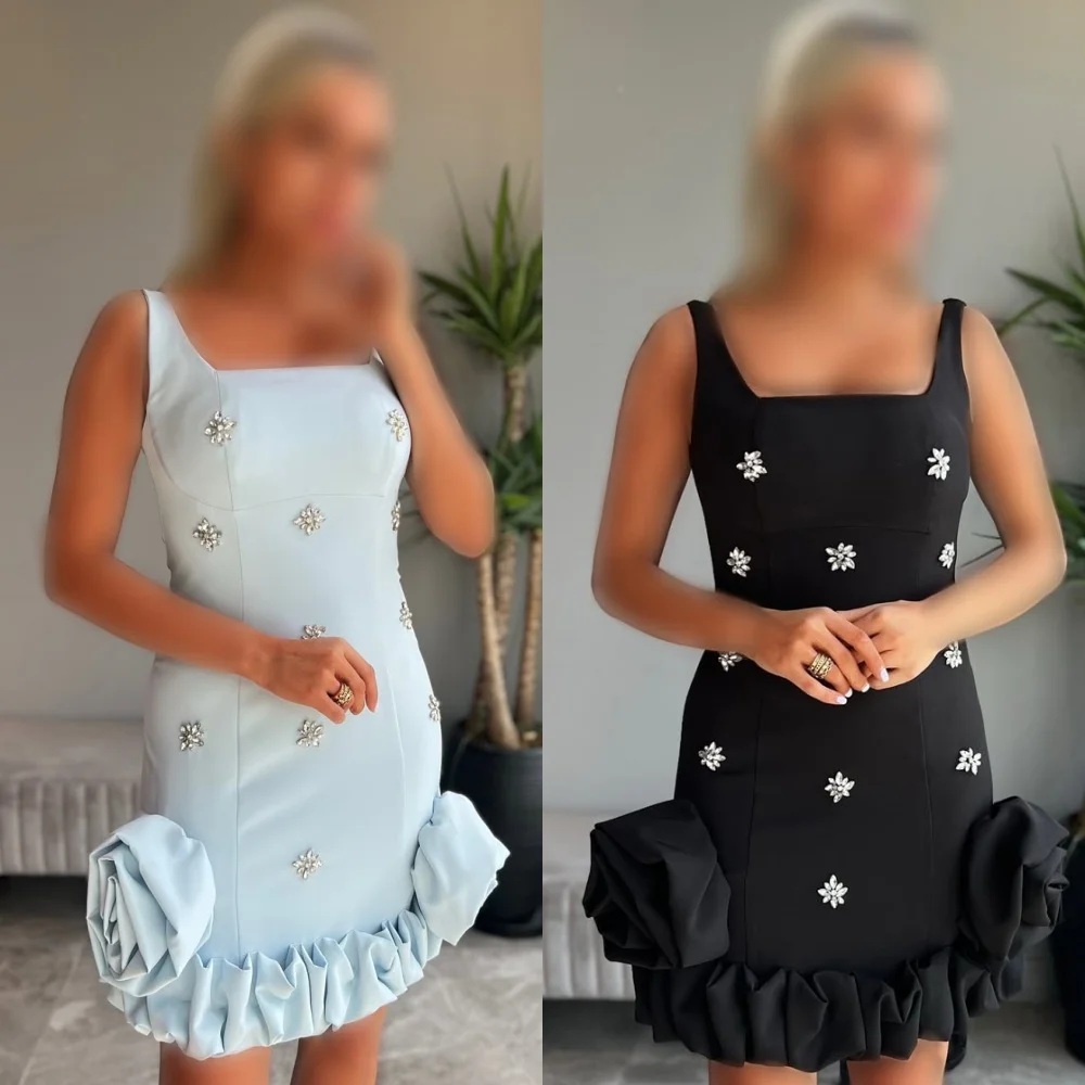 

Customized Modern Style Formal Jersey Rhinestone Handmade Flower A-line Spaghetti strap Mini Dresses Bespoke Occasion Dresses