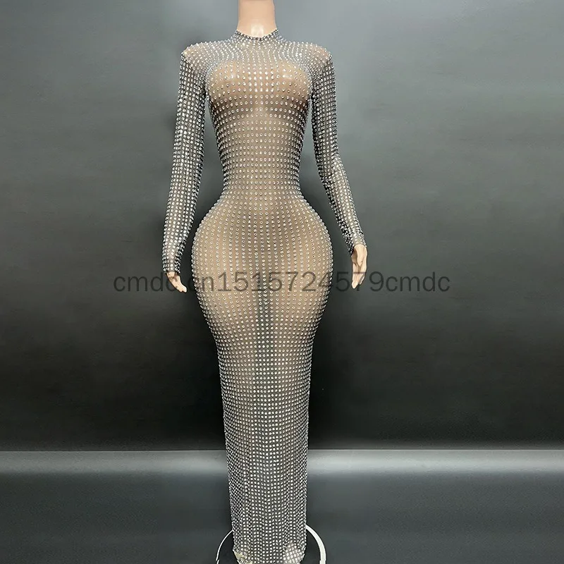 New Sparkling White Diamond Elegant Rear Split Long Black Slimming Evening Dress