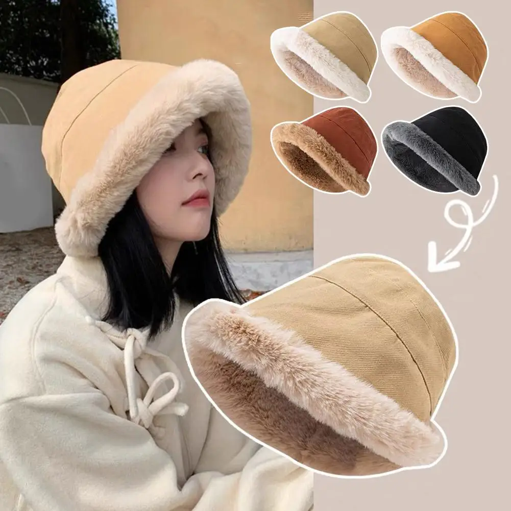 Women's Fluffy Winter Bucket Hat Warm And Fashionable Soft With Design Cold Thick Weather Plush Plush Lining And D5j1