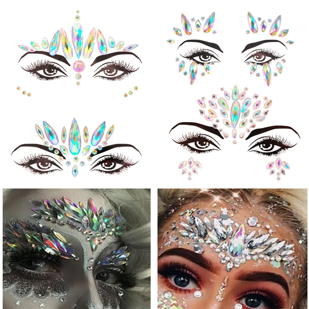 Face Stickers Jewels Crystal Tattoo Rhinestone Tattoo Sticker Resin Drill Glitter Makeup Music Festival Carnival Party Halloween