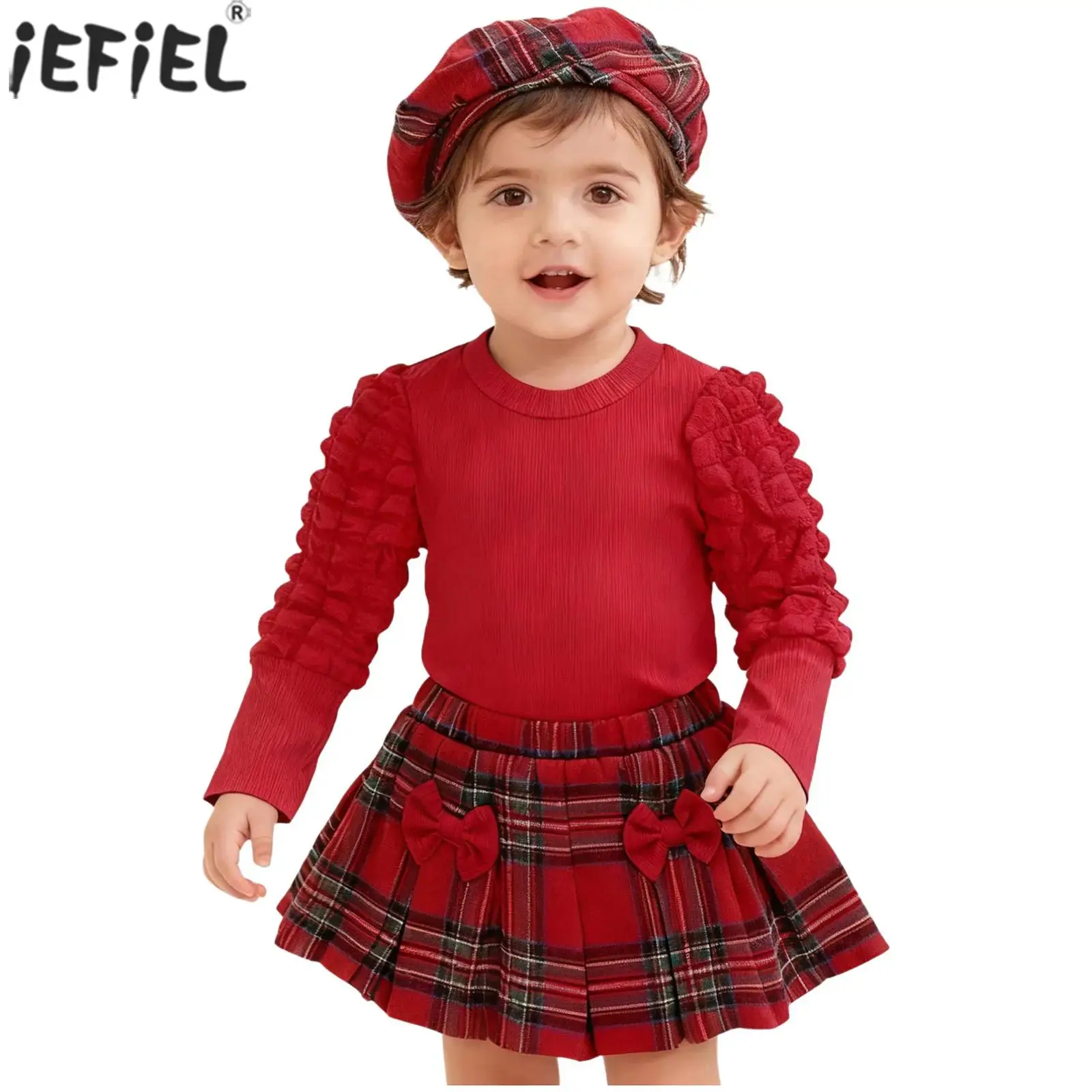 Baby Girls Christmas Outfits Long Puff Sleeves Ribbed Top with Plaid Skirt Hat Birthday Holiday Family Gathering Kids Clothing