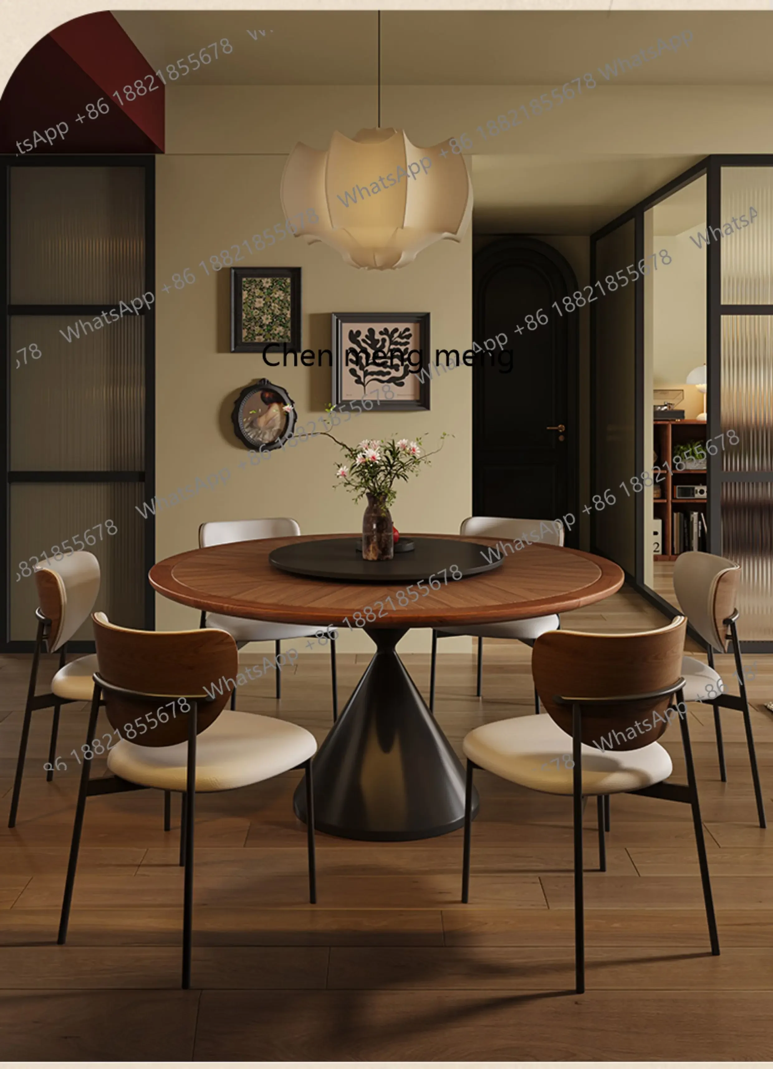 

Medieval solid wood texture round rock slab dining table French retro cream household high-end dining table with turntable