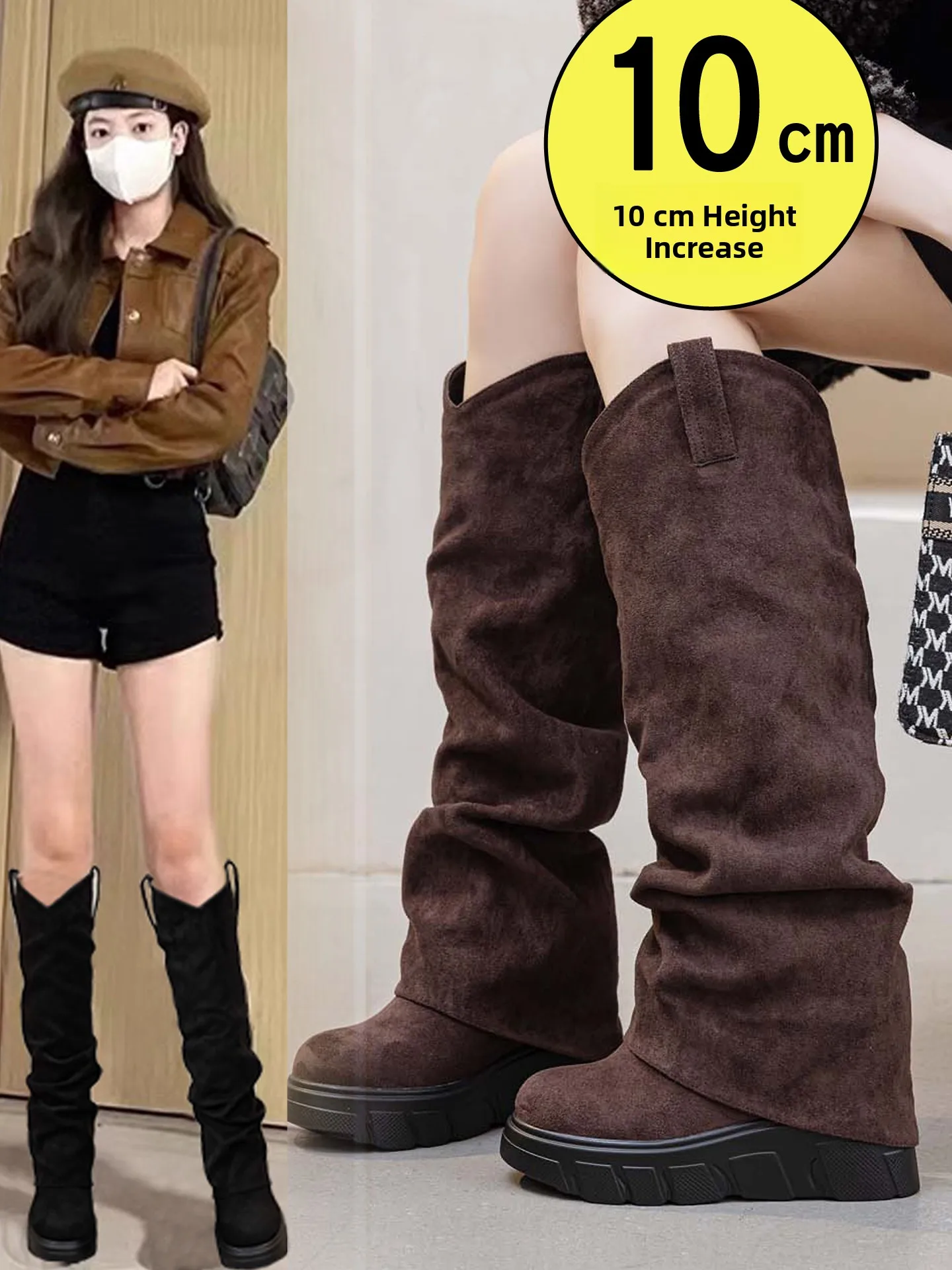 

Women's Long Knight Boots 0cm Heightening Velvet Elastic Cuff High Boots Korean Sle Winter Waterproof round Toe Boots