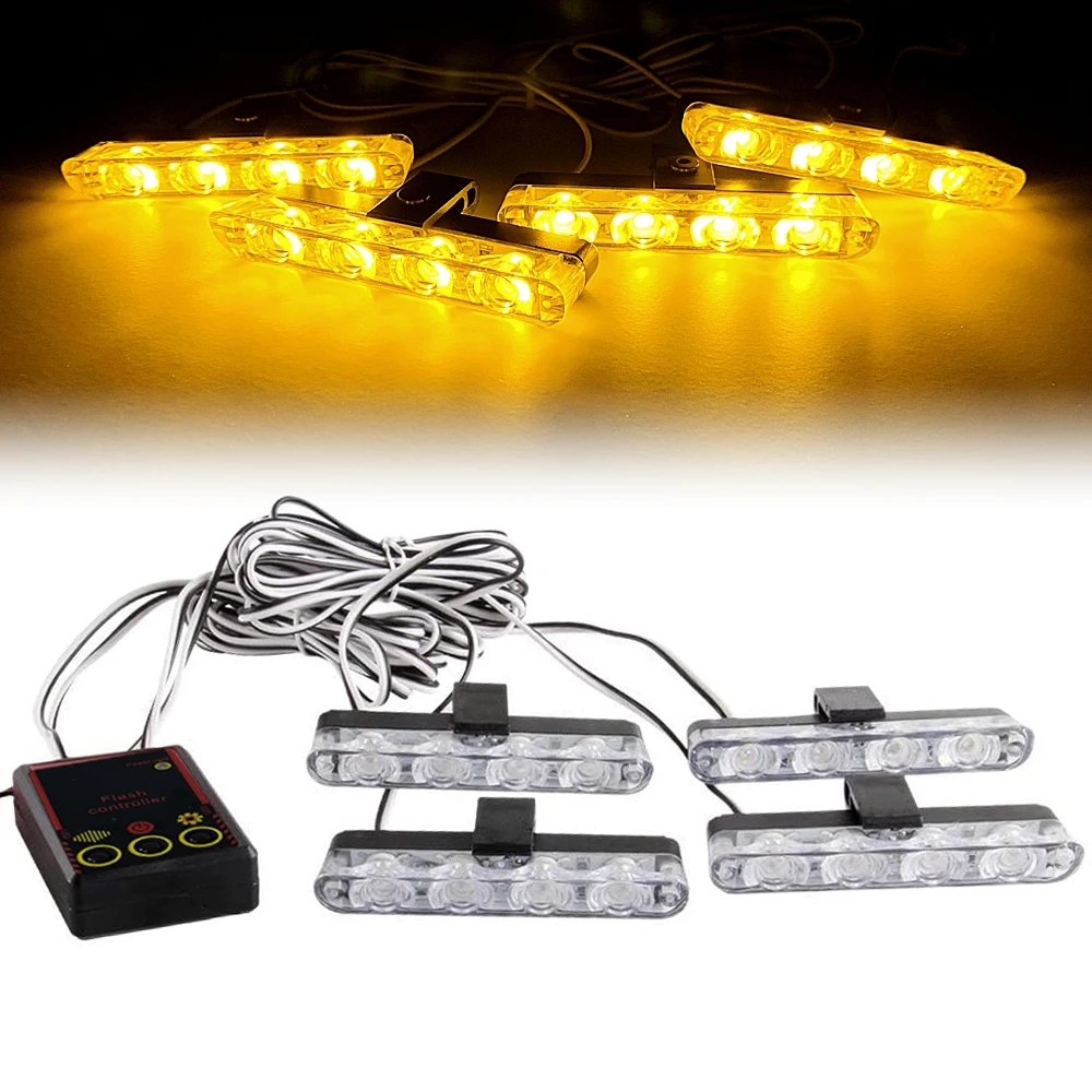 Amber 4 LED Car Strobe Lights LED Flashing Stroboscopes for auto flasher grille safti net lights vehicle warning signal lamp