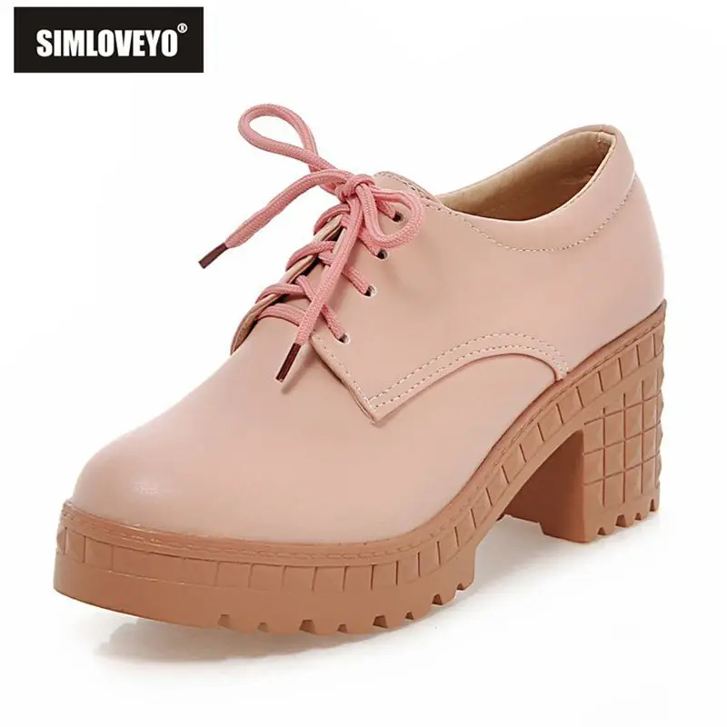 

SIMLOVEYO New Design Women Pumps Round Toe Block Heels 6.5cm Platform 2.5cm Lace Up Plus Size 40 41 42 43 Fashion Dating Shoes