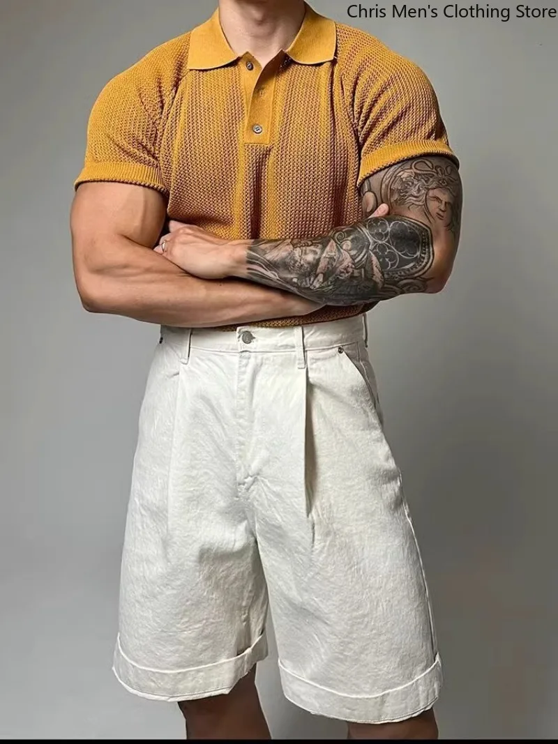 

Men's Knitted Polo Shirt, Business Casual Breathable Modified Short-sleeved T-shirt, Men Shirts