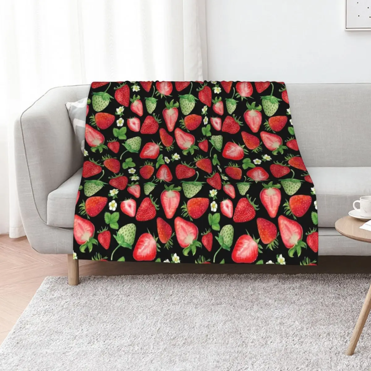 

Watercolor Red and Pink Strawberries Illustration Pattern Throw Blanket Travel Vintage warm winter Summer Blankets