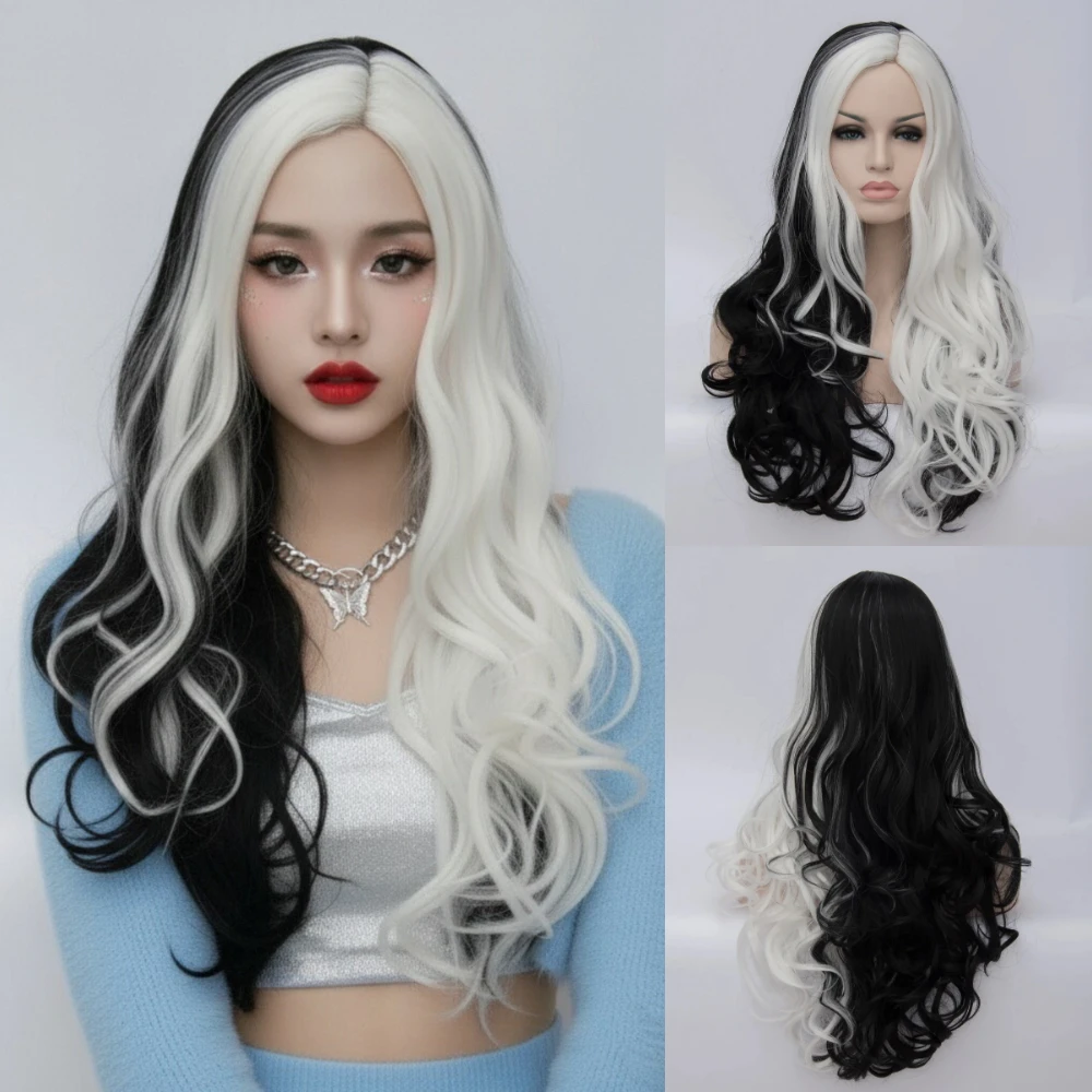 

VICWIG женский синтетический многоцветный парик с градиентной строчкой для косплея, длинный парик, изогнутый большой волнистый черный и белый, синий, розовый цвет, парики