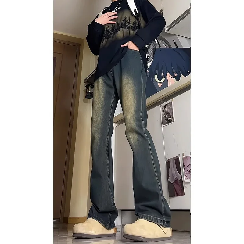 Jeans a gamba larga American High Street Pantaloni lunghi dimagranti retrò da uomo Taglio dritto Miscela di cotone poliestere resistente Abbigliamento primaverile