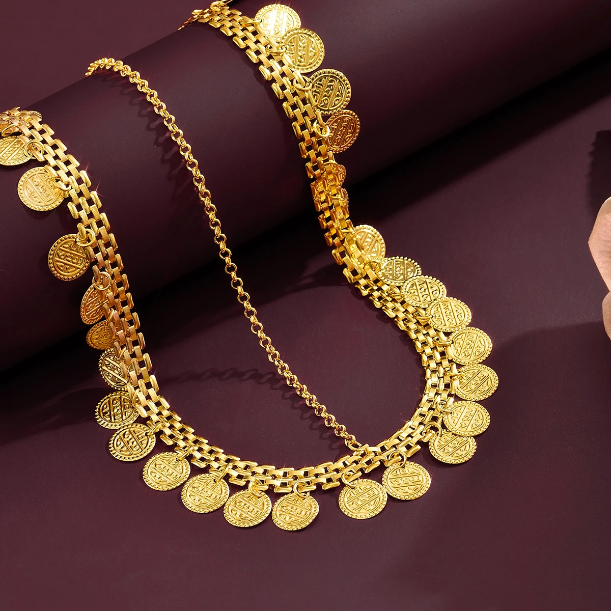 Middle East Minimalist Style Golden Coin Head Chain Retro Ethnic,Carved,Adjustable.For Dance,Bride Luxurious Charm.
