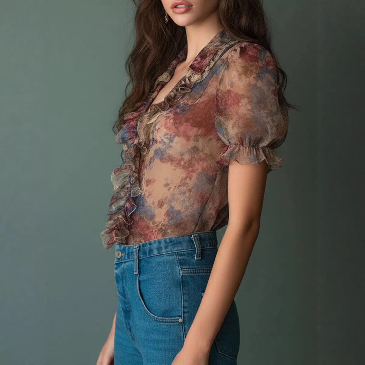 

Женская блузка из шифона с цветочным принтом, оборками, пышными рукавами, V-образным вырезом, кружевной отделкой, в стиле бохо, винтажная, элегантная, романтичная, полупрозрачная, с рюшами