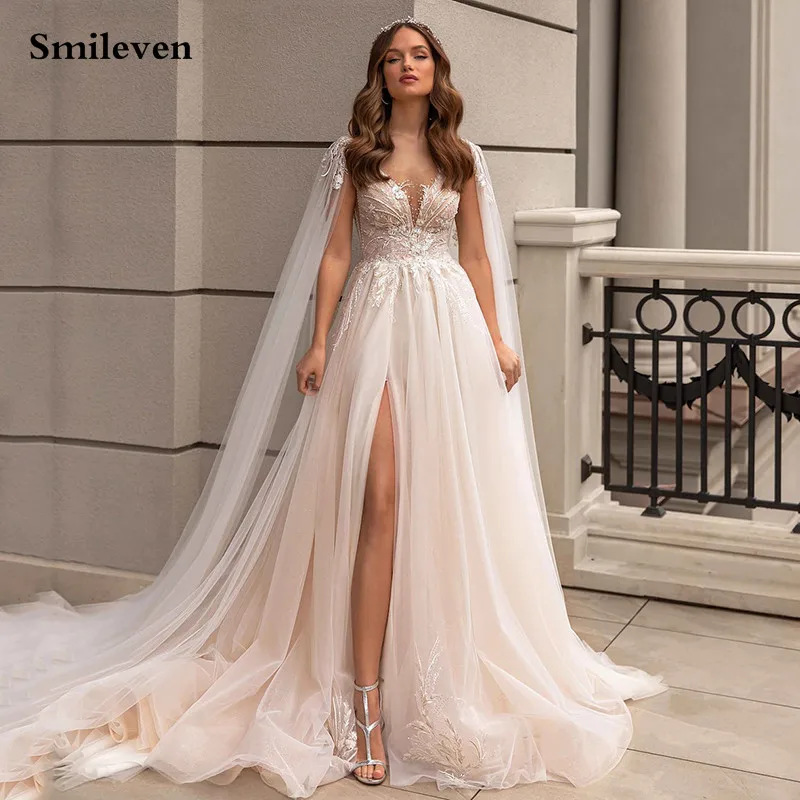 

Smileven Champagne Wedding Dress With Shawl A Line V Neck Lace Bridal Gowns Side Split Backless Vestido De Noiva Wedding Gown