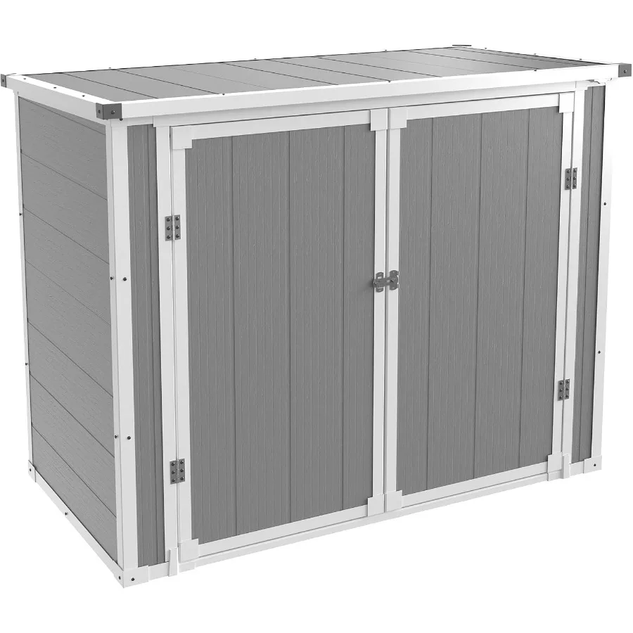 Outdoor storage shed for backyard use, weatherproof resin material, gray color, includes durable floor and lockable door