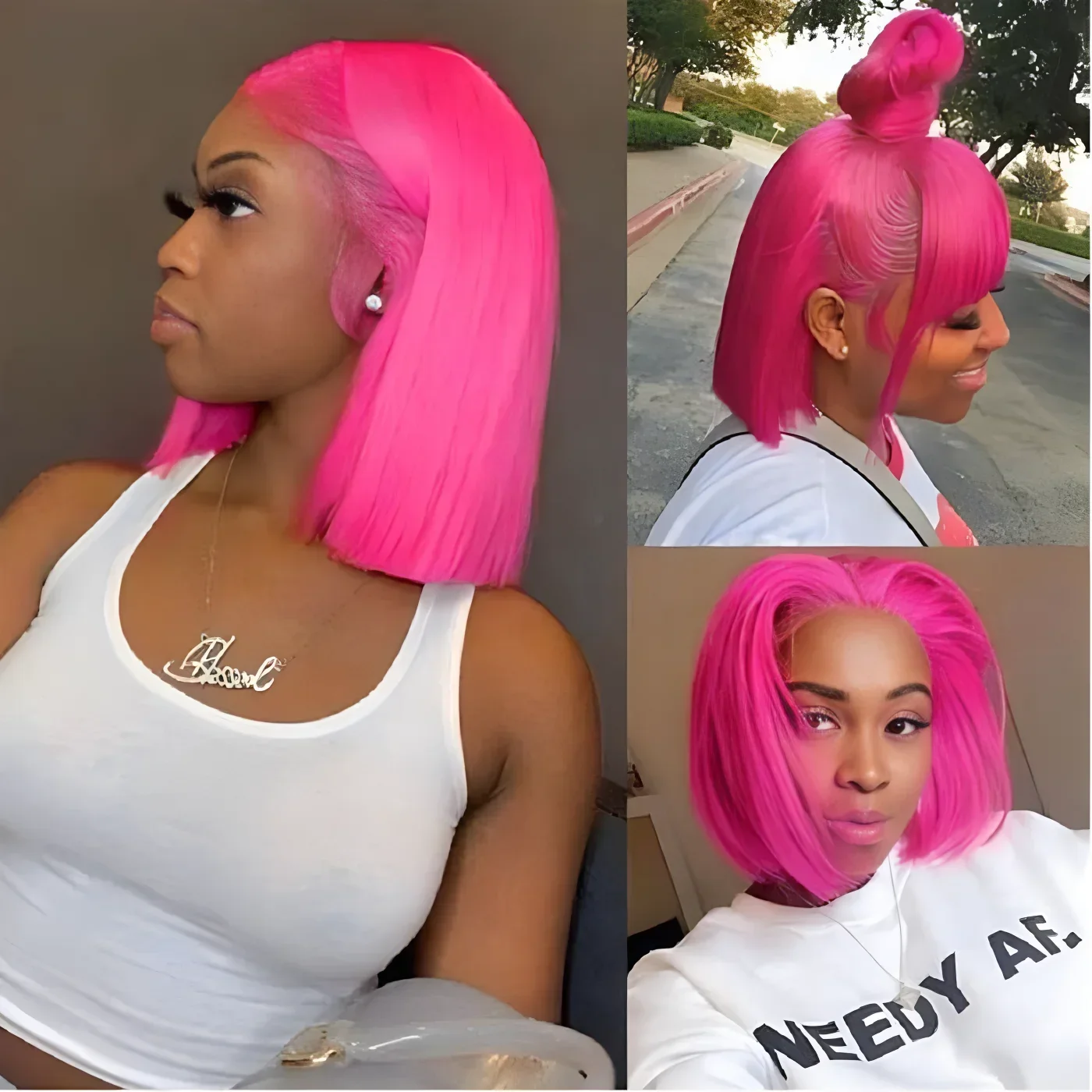 ﻿   Pelucas humanas Bob cortas y rectas de color rosa intenso, pelucas frontales de encaje 100%, peluca de encaje transparente con línea de cabello prearrancada ﻿