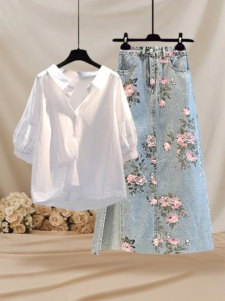 

White Sun Protection Shirt Women's Summer Thin Sweet Floral Retro Denim Skirt High Waist Two-Piece Set Fashionable Ensemble