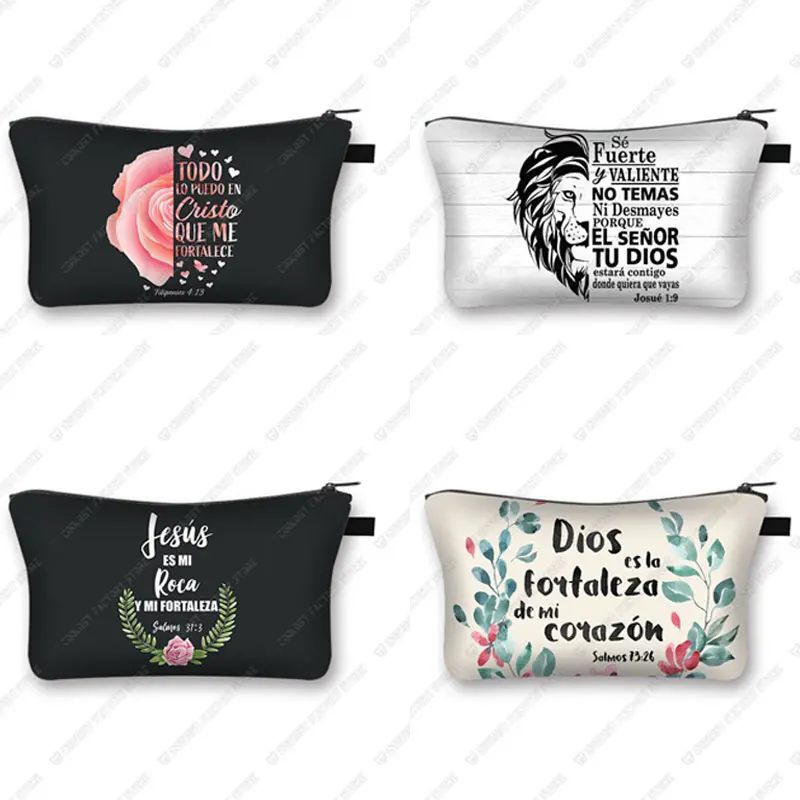Estuche de cosméticos en español Con Dios Todo Es Posible, bolsa de maquillaje, bolsa de belleza de Dios Es Amor, bolsa de lavado