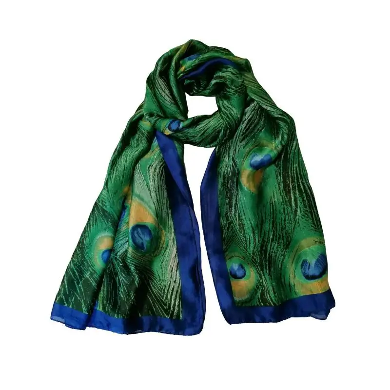Women Silk Satin Scarf In Rich Vivid Colours With Peacock Feather Design Summer Sunscree Shawl Autumn Winter Travel Wraps