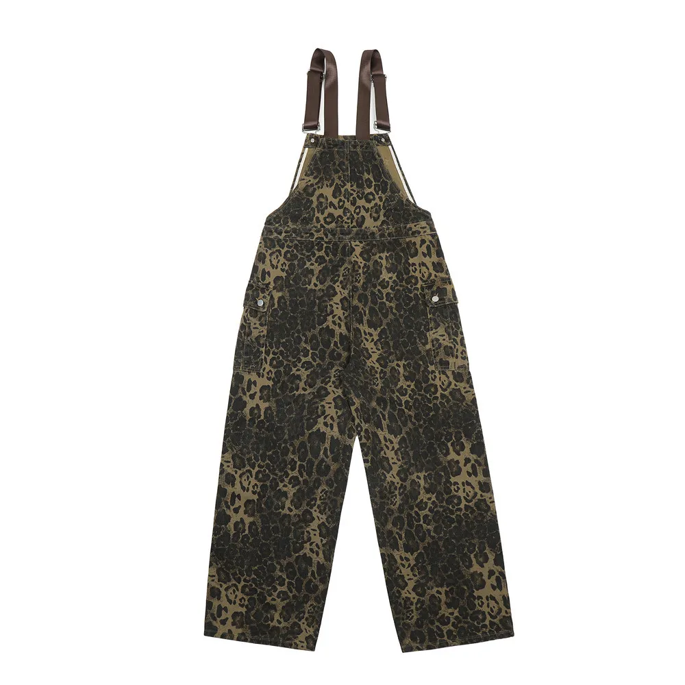 American Vintage Street Leopard Print Overalls Men\'s Design Loose Straight Denim Jumpsuit Trousers