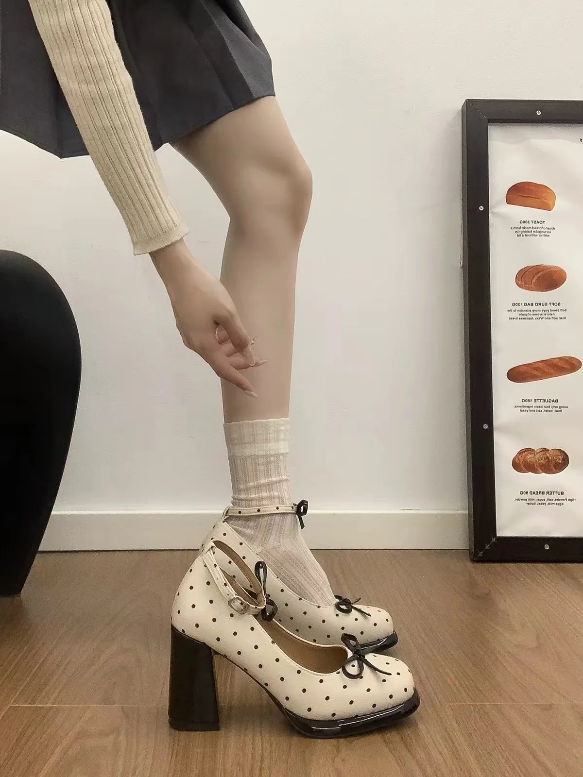Polka Dot Mary Jane High Heels Women's Spring Autumn New Small Size Chunky Heel Skirt Matching Single Shoes Fashionable Slip-On