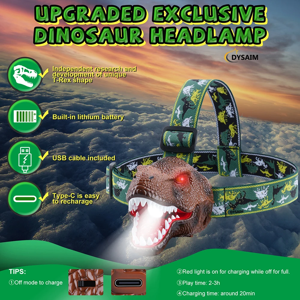 Dinosaur Headlamp LED Headlight for Kids Dinosaur Toys Child Head Flashlight Type-C Recharge Roaring Dino Head Lamp for Camping