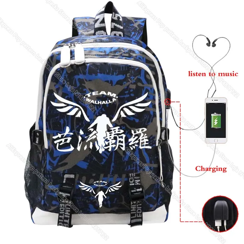 Students Tokyo Revengers Backpacks Unisex Valhalla Print Bookbag College Laptop USB Bagpacks Boys Girls School Bags Mochila Gift